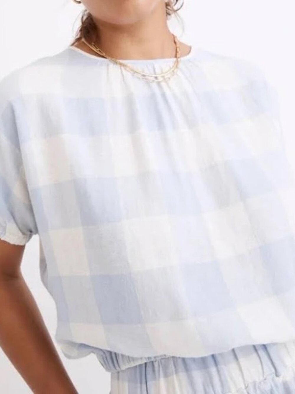 Madewell Linen-Blend Bubble Top Blue and White Gingham Size XS